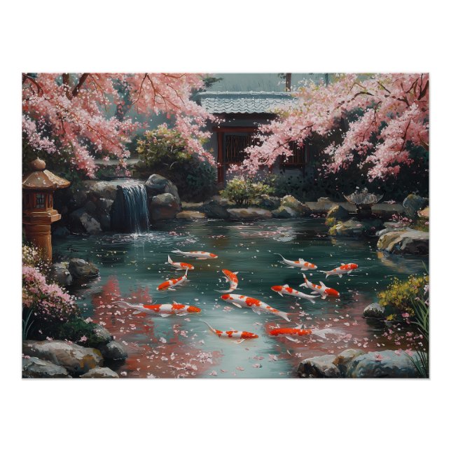 Japanese Garden with Koi and Cherry Blossoms Poster (Front)