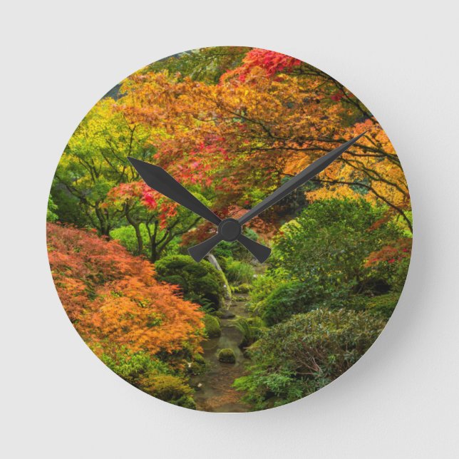 Japanese Gardens In Autumn In Portland, Oregon 2 Round Clock (Front)