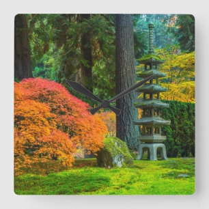 Japanese Gardens In Autumn In Portland, Oregon Square Wall Clock