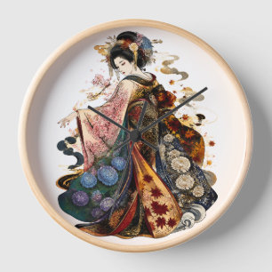 Japanese Geisha Art Kimono and Seasonal Flowers Clock