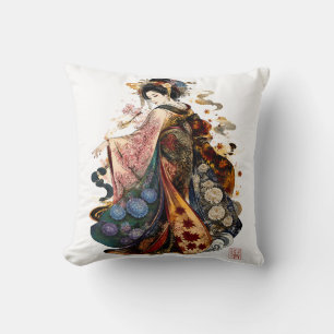Japanese Geisha Art Kimono and Seasonal Flowers Cushion