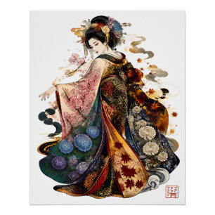 Japanese Geisha Art Kimono and Seasonal Flowers Poster