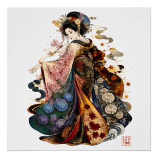Japanese Geisha Art | Kimono and Seasonal Flowers Poster