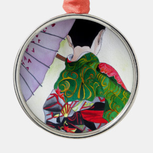 Japanese Geisha art with kimono and umbrella Metal Tree Decoration