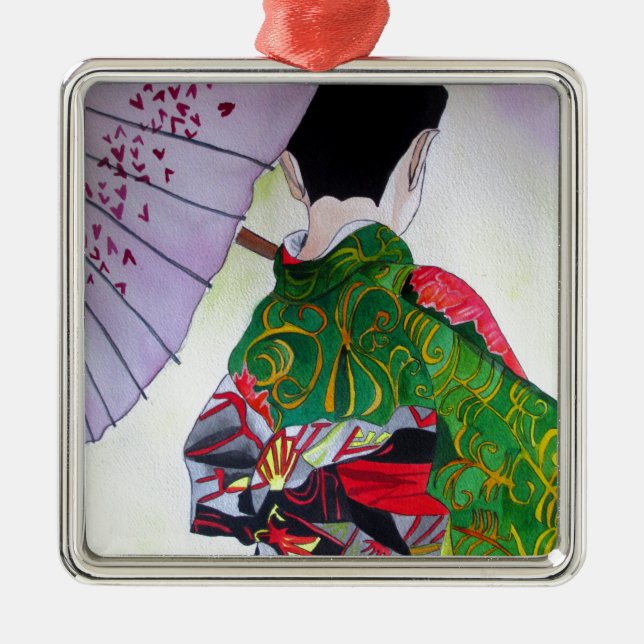 Japanese Geisha art with kimono and umbrella Metal Tree Decoration (Front)