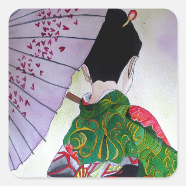 Japanese Geisha art with kimono and umbrella Square Sticker (Front)