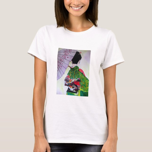 Japanese Geisha art with kimono and umbrella T-Shirt (Front)