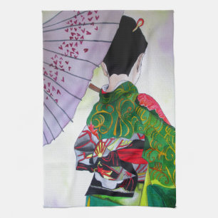 Japanese Geisha art with kimono and umbrella Tea Towel