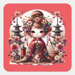Japanese Geisha Cute Scene Square Sticker