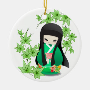 Japanese Geisha Doll - green series Ceramic Tree Decoration