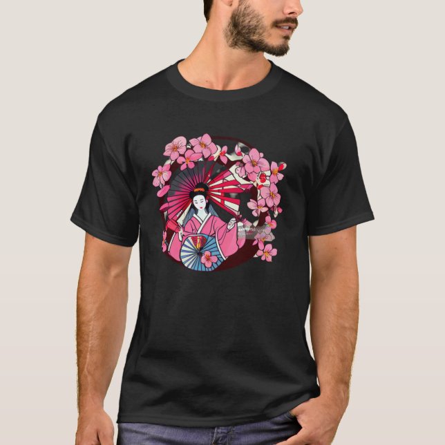 Japanese Geisha fans and umbrellas cherry blossom  T-Shirt (Front)