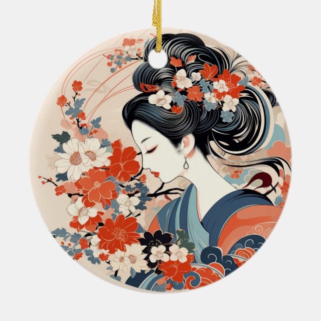 Japanese Geisha & Flowers Ceramic Ornament (Back)