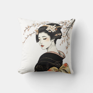Japanese Geisha Girl & Blossoms Black Gold Cushion