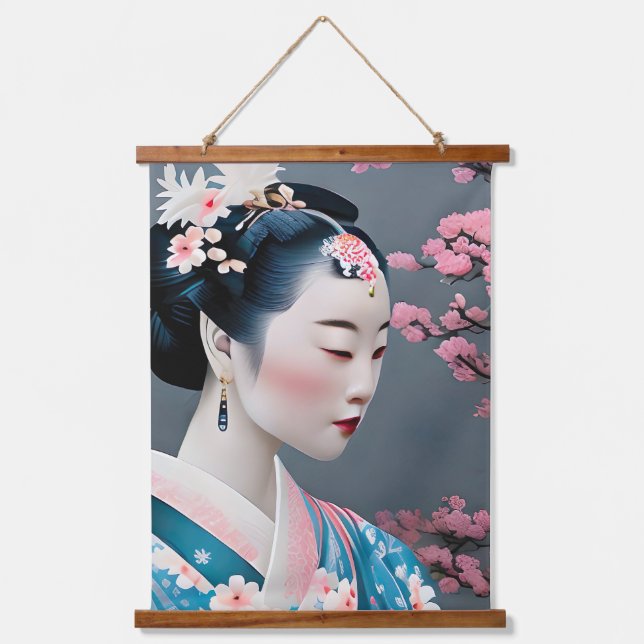 Japanese Geisha In A Cherry Blossom Garden Hanging Tapestry (Front)