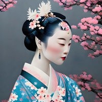 Japanese Geisha In A Cherry Blossom Garden