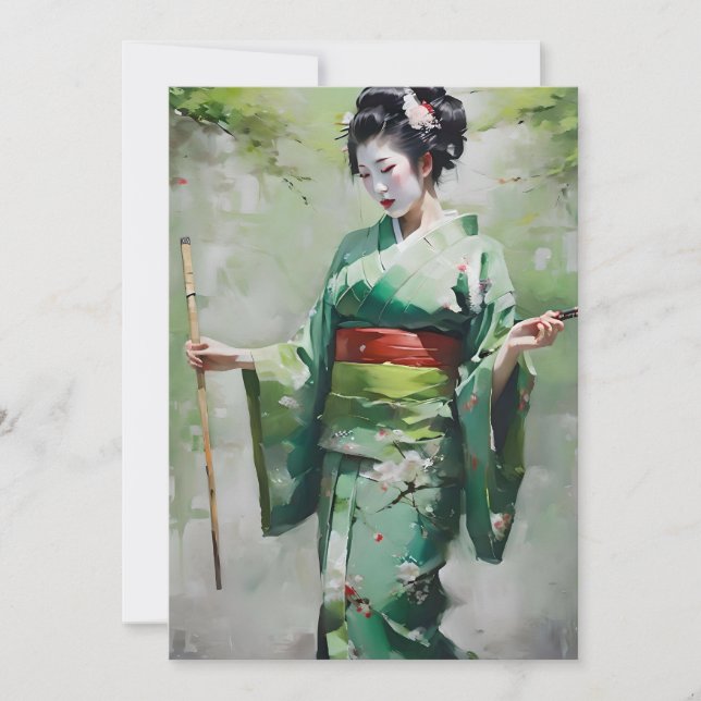 Japanese Geisha in Green B Portrait Holiday Card (Front)