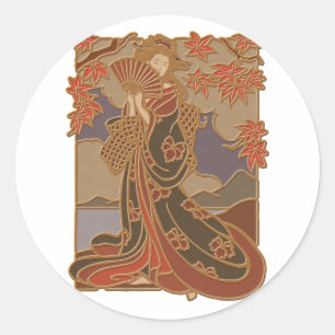 Japanese Geisha in Kimono Asian Bamboo Art Classic Round Sticker