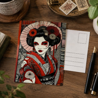 Japanese Geisha Inspired Gothic Art Red Black Postcard