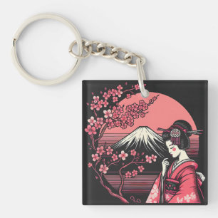 Japanese Geisha Mount Fuji Cherry Blossom Trees Key Ring