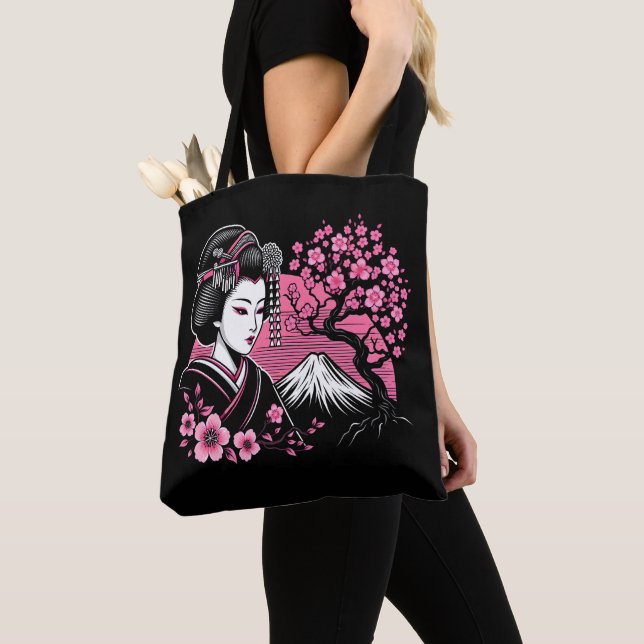 Japanese Geisha Mount Fuji Japanese Cherry Blossom Tote Bag (Close Up)
