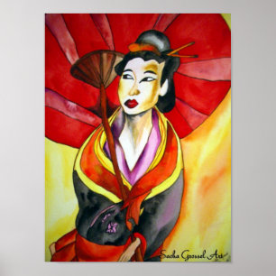 Japanese Geisha original watercolor art painting Poster