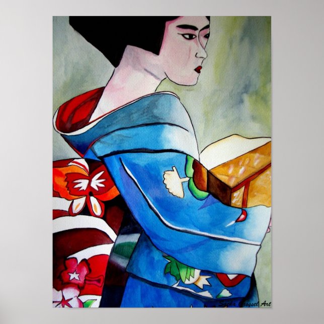Japanese Geisha original watercolor art painting Poster (Front)