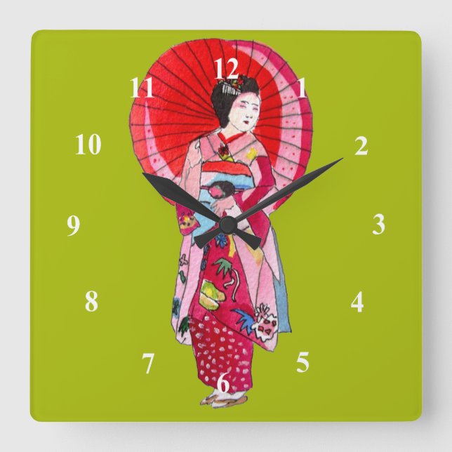 Japanese Geisha red kimono cute art Square Wall Clock (Front)