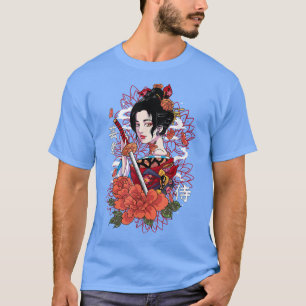 Japanese Geisha Samurai Sword Kanji Writing Kimono T-Shirt