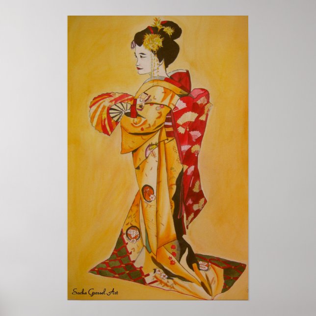 Japanese Geisha watercolor original art painting Poster (Front)