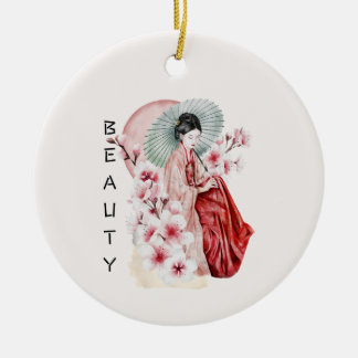Japanese Geisha Watercolor with Kimono and Sakura Ceramic Tree Decoration