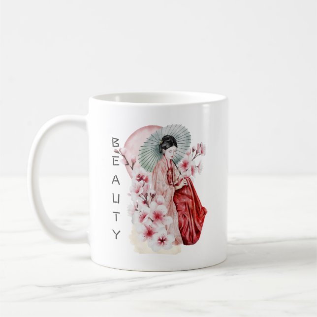 Japanese Geisha Watercolor with Kimono and Sakura Coffee Mug (Left)