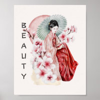 Japanese Geisha Watercolor with Kimono and Sakura