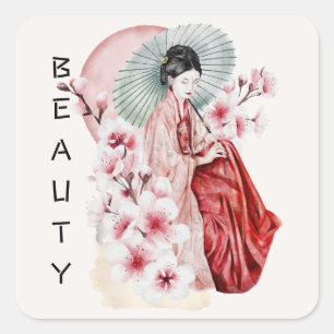 Japanese Geisha Watercolor with Kimono and Sakura Square Sticker