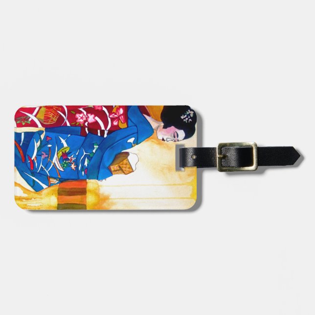 Japanese Geisha with blue kimono Luggage Tag (Front Horizontal)