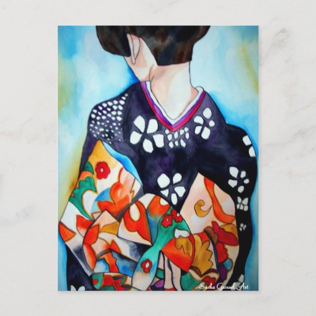 Japanese Geisha with blue kimono original art Postcard (Front)