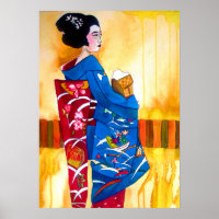 Japanese Geisha with blue kimono original art