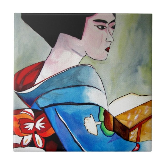 Japanese Geisha with Blue Kimono original art Tile (Front)