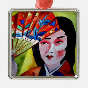 japanese Geisha with fan original art painting Metal Tree Decoration