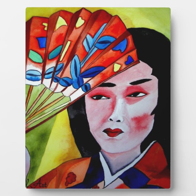 japanese Geisha with fan original art painting Plaque (Front)