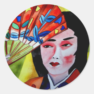 japanese Geisha with fan watercolor original art Classic Round Sticker