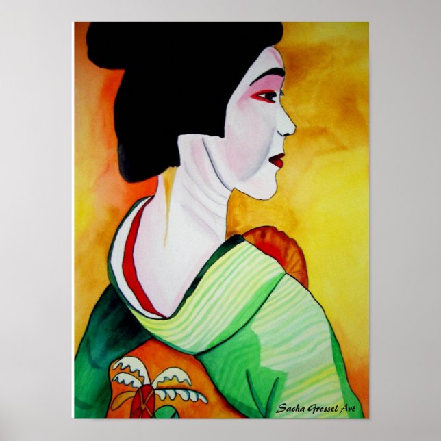 Japanese Geisha with green kimono original art Poster (Front)