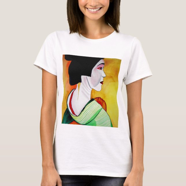 Japanese Geisha with green kimono original art T-Shirt (Front)