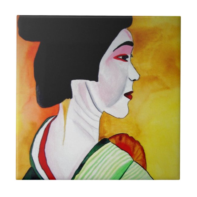 Japanese Geisha with green kimono original art Tile (Front)