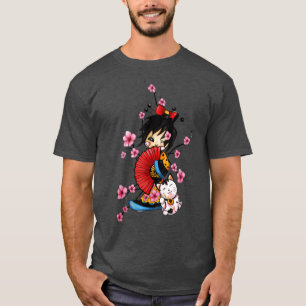 japanese geisha with Luckt maneki neko cat sakura  T-Shirt