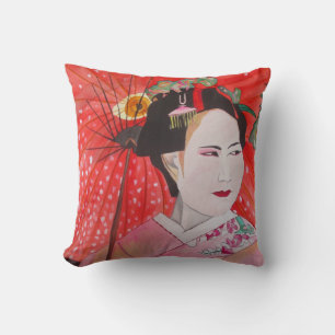 Japanese Geisha with red umbrella Cushion