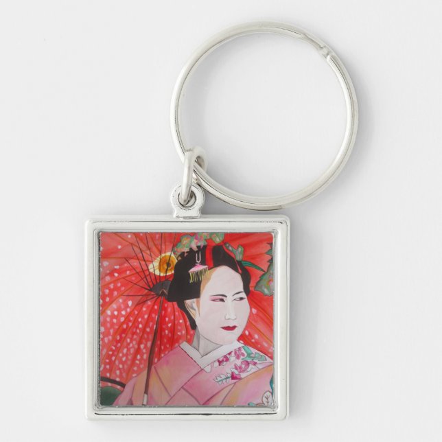 Japanese Geisha with red umbrella original art Key Ring (Front)