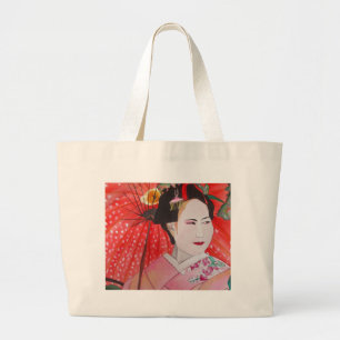 Japanese Geisha with red umbrella original art Large Tote Bag