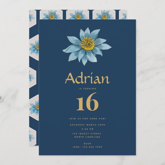 Japanese Geometric Lily Flower Birthday Party Invitation (Front/Back)