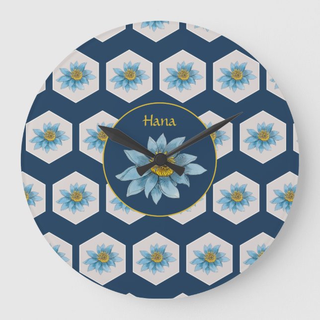 Japanese Geometric Lily Flower Pattern Monogram Large Clock (Front)