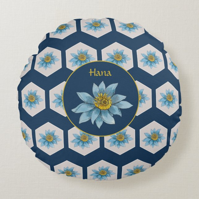 Japanese Geometric Lily Flower Pattern Monogram Round Cushion (Front)